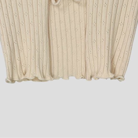 Sky & Sparrow Tie Front Ribbed Knit Top XS Beige Pointelle Long Sleeve Cropped - Picture 7 of 13